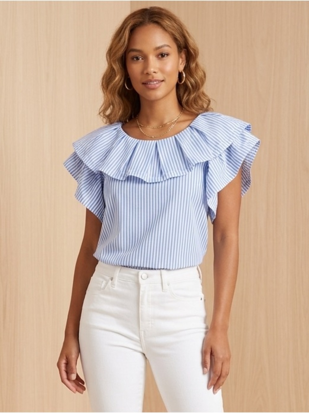 Gracia Blue and White Striped Ruffle Tiered Collar Blouse Size Size Large